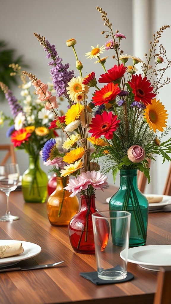 Colorful floral centerpieces in vases on a wooden table for a garden party.