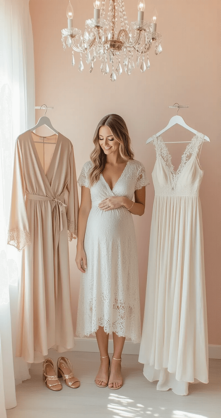 A bright boutique dressing room with blush pink walls features a mother-to-be reviewing three gender reveal dress options: champagne silk wrap dress, ivory lace midi dress, and pearl white bohemian maxi dress, surrounded by rose gold sandals and delicate jewelry, with natural light illuminating the scene.