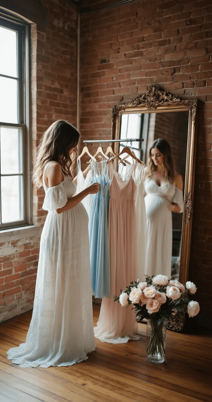 A cozy home studio with exposed brick walls and wooden floors, featuring a 32-week pregnant woman arranging a rack of gender reveal outfits, including a white eyelet dress, blush tulle gown, and powder blue silk slip dress, in warm afternoon light reflected in a vintage mirror, with fresh peonies in a crystal vase.