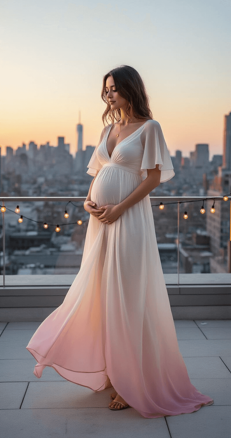 A pregnant woman in a flowing ombré dress stands on a modern rooftop terrace at twilight, with a city skyline in the background. The dress transitions from ivory to pale pink and features flutter sleeves and a shimmering fabric. She wears minimalist gold jewelry and strappy sandals, while string lights twinkle around her. The image is captured with a wide-angle lens to include the urban environment.