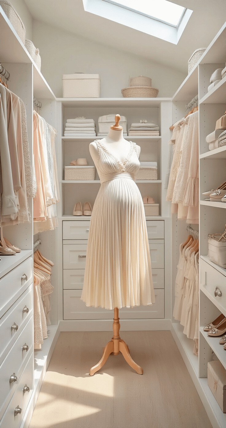 A sunlit walk-in closet featuring custom white shelving displaying a variety of gender reveal outfits. A central mannequin showcases a cream midi dress with pleats and pearl buttons, surrounded by designer maternity wear in soft pastels, neutral accessories, and metallic flats, all arranged in stylish vignettes. Morning light filters through skylights, highlighting the organized symmetry of the space.