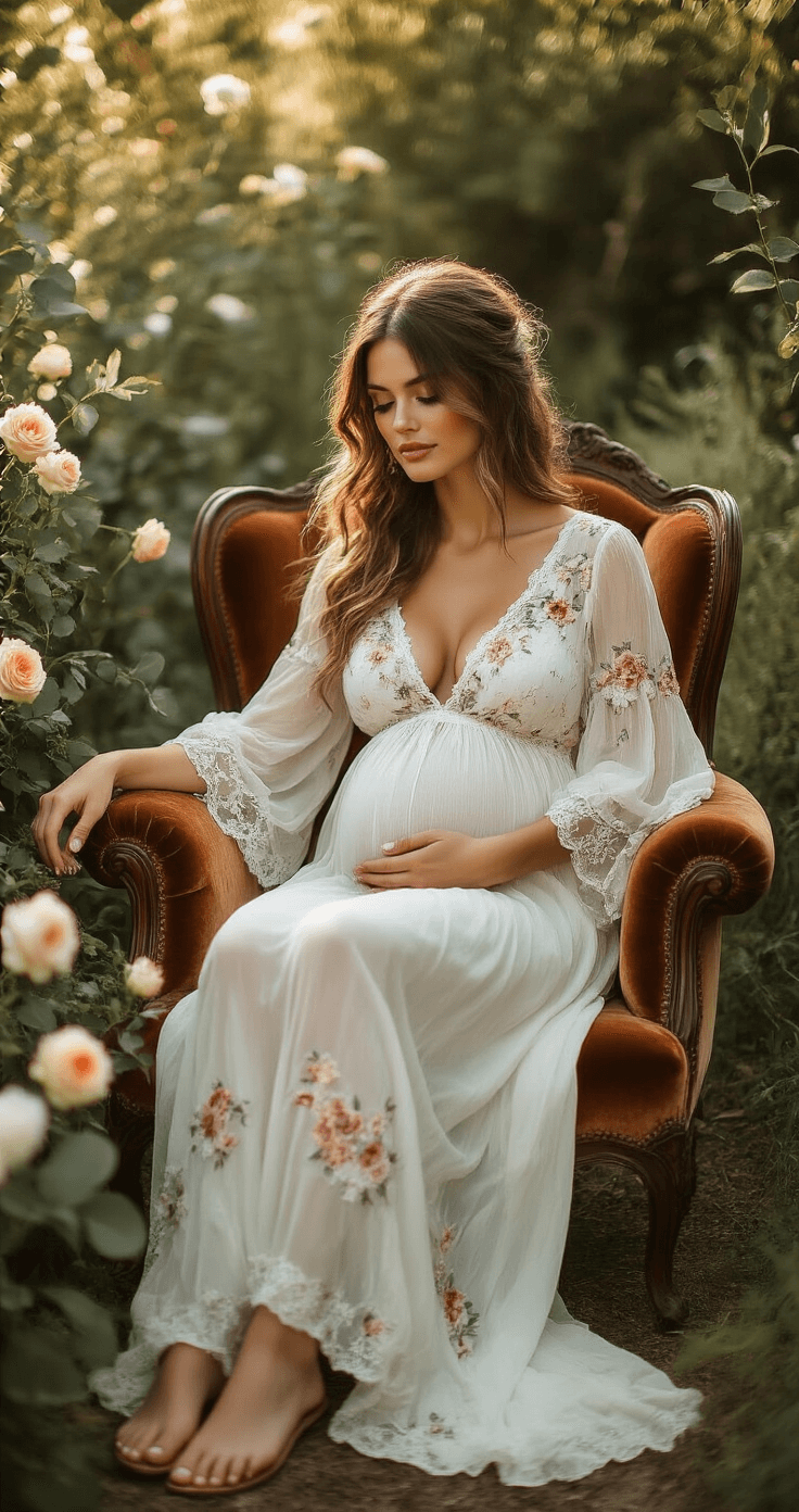 A pregnant woman in a dreamy white chiffon maxi dress with floral embroidery, seated in an antique velvet armchair amidst wild garden roses and eucalyptus, bathed in late afternoon light, showcasing billowing sleeves and a subtle train.