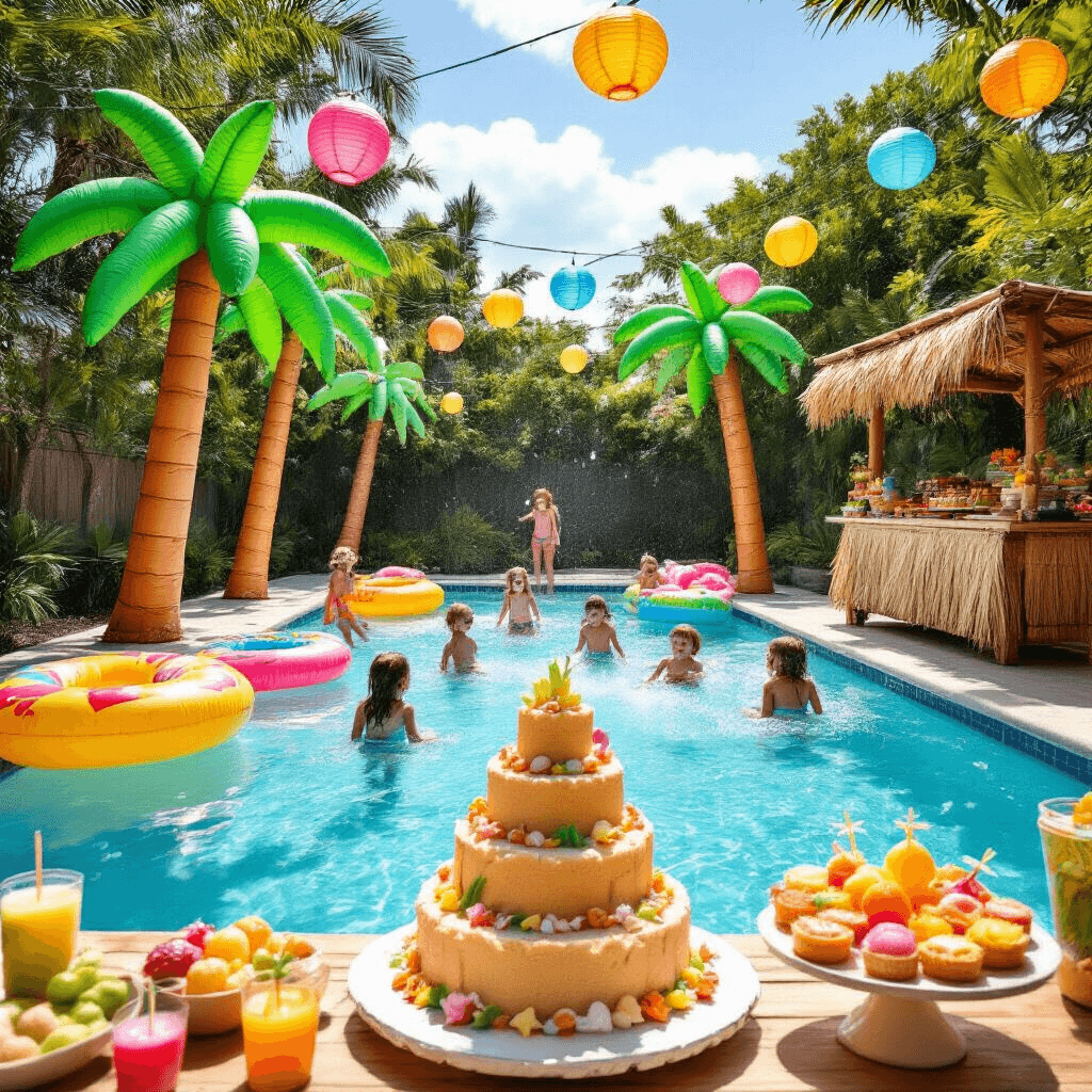 A vibrant backyard pool party scene featuring children playing in an azure pool surrounded by inflatable palm trees and colorful floats, with a tiki-style snack bar, paper lanterns overhead, and a sandcastle-themed tiered cake in the foreground.
