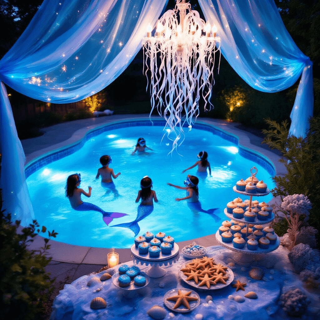 An enchanting twilight backyard pool party featuring children in mermaid tails splashing in a blue-lit pool, surrounded by shimmering wave-like fabric, iridescent bubbles, and a grand dessert cart with ocean-themed treats, all enhanced by seashells and faux coral decorations.