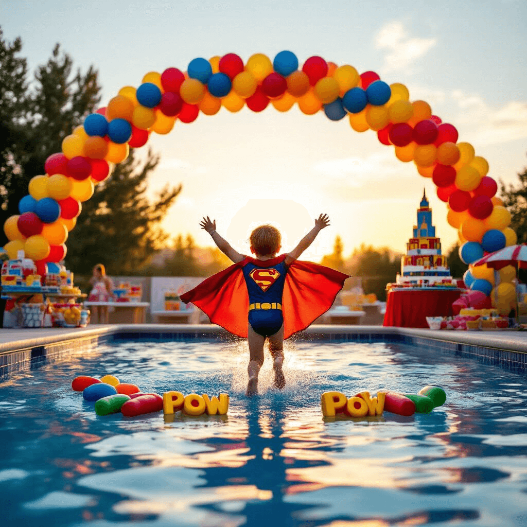 A child in a superhero cape performs a cannonball into a pool during golden hour, silhouetted against the sunset. The pool's edge is decorated with vibrant superhero logo towels, while a balloon arch in primary colors adds a festive touch. In the background, a buffet table displays themed snacks and a city skyline cake, and colorful pool noodles spell out 'POW!' on the water's surface.