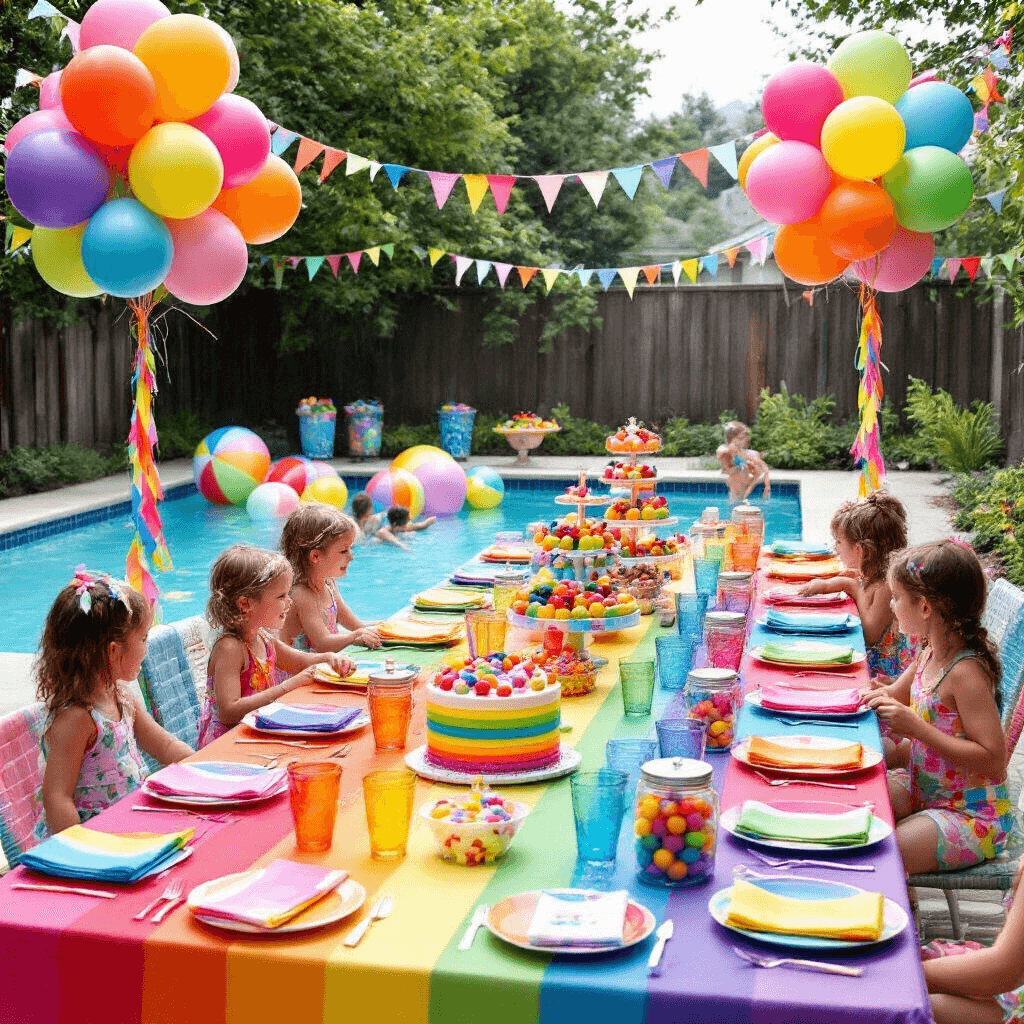 A vibrant backyard pool party featuring a rainbow color explosion with a long table set in rainbow colors, oversized balloon bouquets, children splashing in a pool with color-tinted beach balls, and a colorful dessert station.