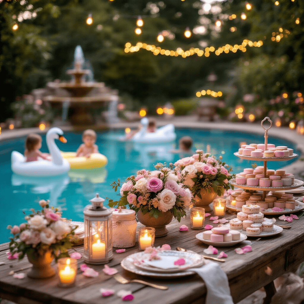 An enchanting evening pool party featuring a rustic wooden table adorned with vintage place settings, twinkling tea lights, and floral centerpieces, with softly blurred string lights and reflections on the water. Children float on swan-shaped inflatables, while a dessert cart offers pastel macarons, mason jar trifles, and a floral cake, all surrounded by scattered rose petals and glowing lanterns.