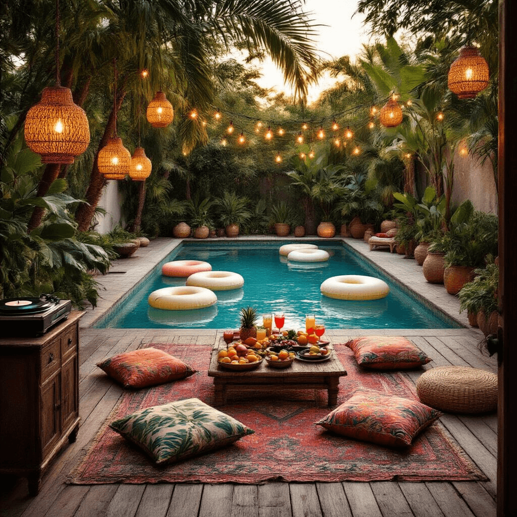 Stunning Night Pool Party: The Ultimate Guide to Creating Magical Evening Pool Vibes An intimate backyard pool at golden hour, featuring a rustic wooden deck, oversized tropical leaf floats, rattan lanterns, colorful Moroccan cushions, exotic fruits, cocktails, copper string lights, and a vintage record player, all creating a dreamy bohemian atmosphere.