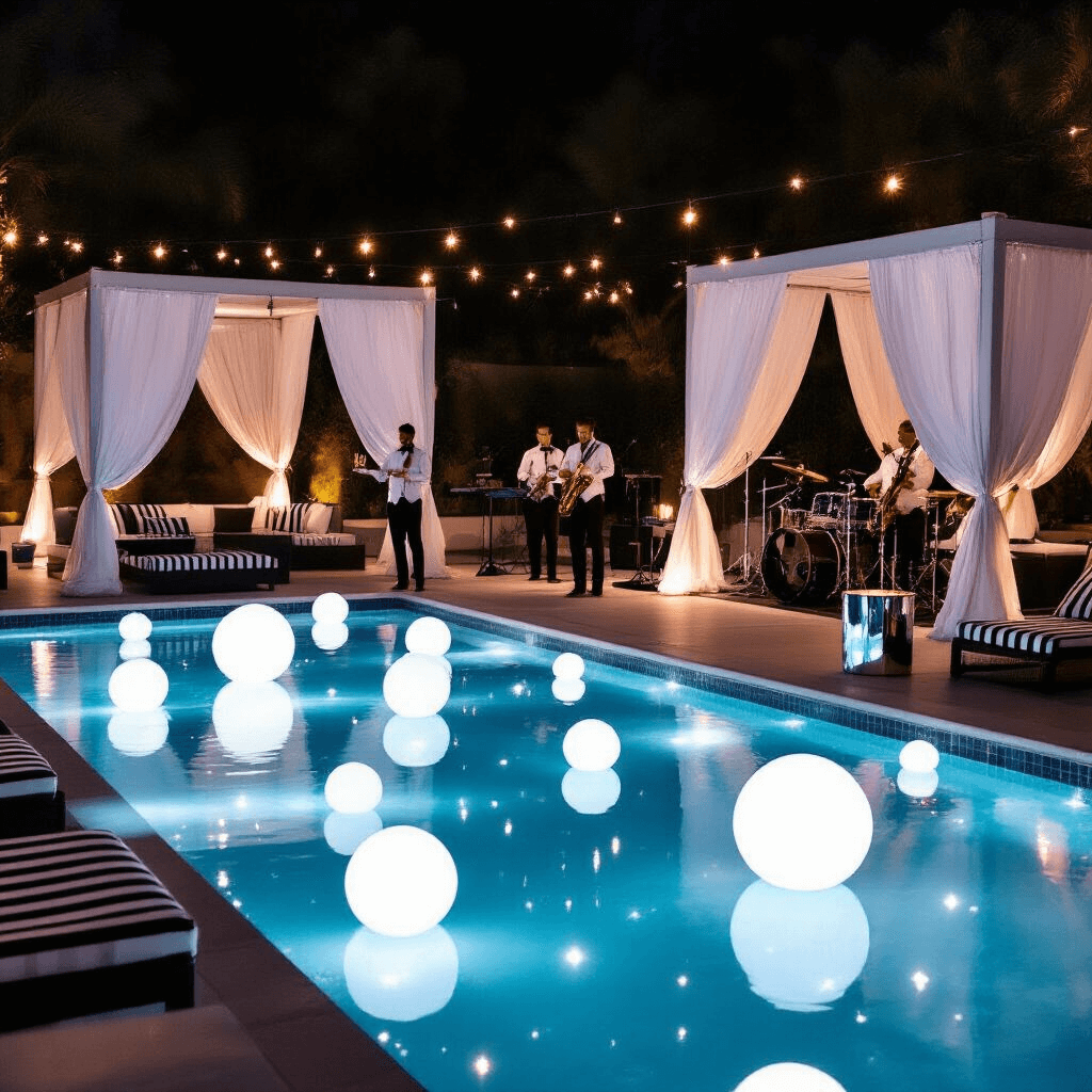 Stunning Night Pool Party: The Ultimate Guide to Creating Magical Evening Pool Vibes A glamorous nighttime poolside cocktail party featuring a rectangular pool illuminated by floating LED orbs, sleek cabanas with sheer fabric, servers with champagne, a live band on stage, and stylish black and white loungers with mirrored side tables.