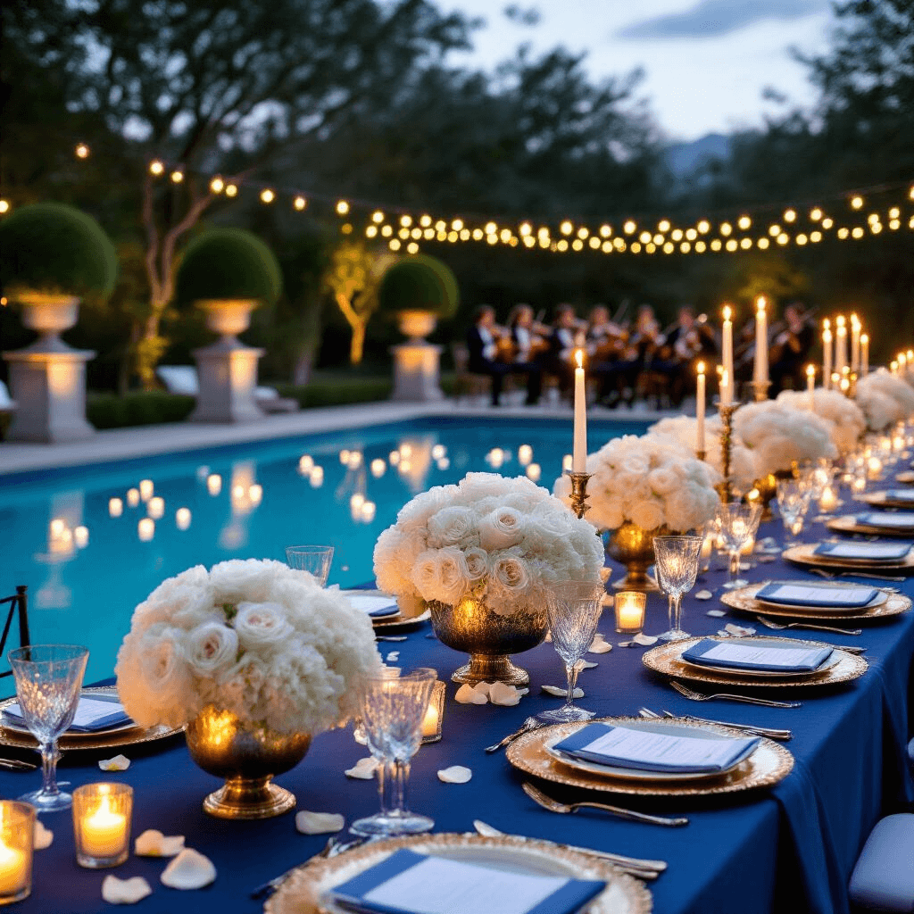 Stunning Night Pool Party: The Ultimate Guide to Creating Magical Evening Pool Vibes Elegant poolside dinner setup at twilight featuring long tables with deep blue linens, gold chargers, and crystal stemware, adorned with white peonies and hydrangeas in mercury glass vases and flickering candelabras. The pool is decorated with floating candles and rose petals, while fairy lights illuminate topiary trees and a string quartet performs on a small stage in the background.