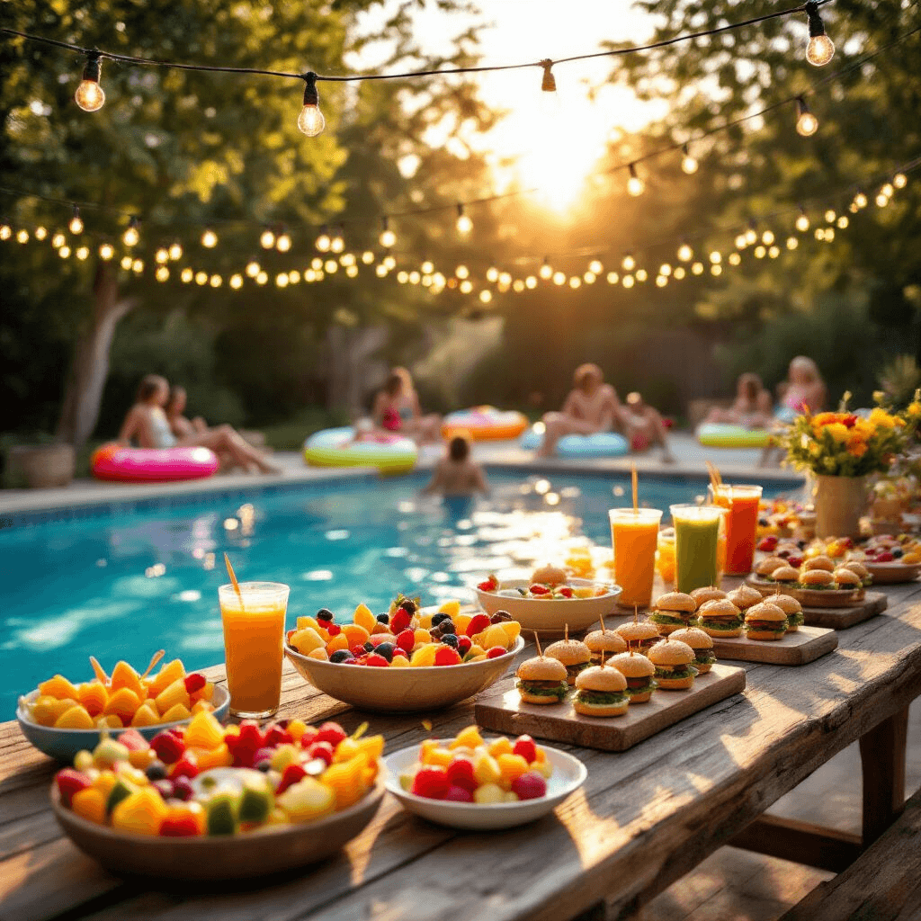 A vibrant backyard pool party at golden hour, featuring a rustic wooden table with colorful fruit skewers, mini sliders, and smoothie bowls, surrounded by fairy lights. Guests relax on bright pool floats, with sunlight glistening on the pool water and creating a festive atmosphere.