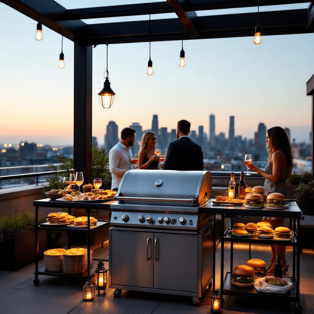 Intimate rooftop terrace at dusk with a stainless steel grill, modern bar carts with burger toppings, soft lantern lighting, urban skyline backdrop, and guests mingling with cocktails.