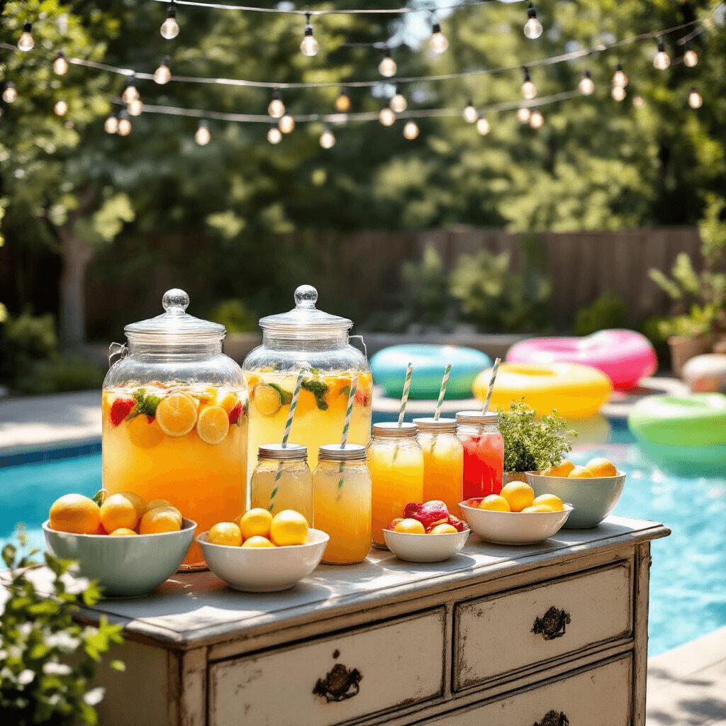 A colorful poolside drink station featuring a vintage dresser bar with glass dispensers of fruit-infused waters and lemonade, mason jars with striped straws, citrus slices, and herb garnishes, surrounded by vibrant pool floats and string lights.