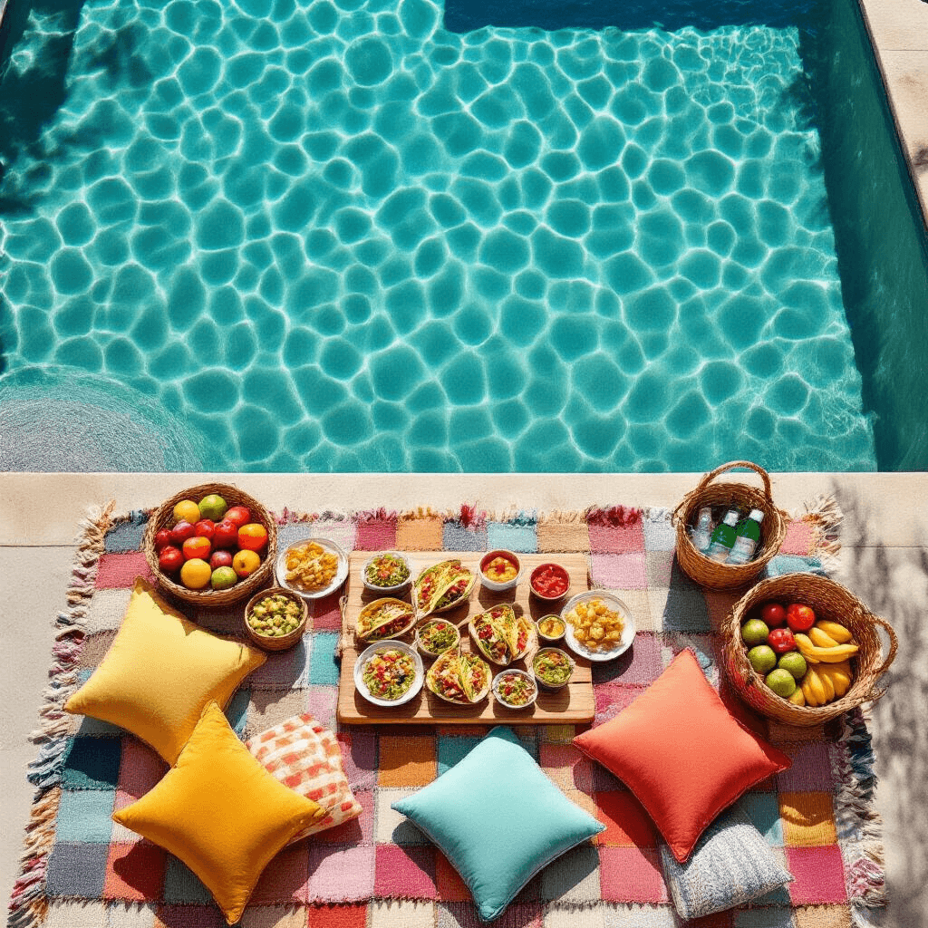 An overhead view of an elegant picnic setup beside a clear pool, featuring colorful blankets, plush cushions, and a spread of bite-sized foods, fresh fruits, and chilled drinks.