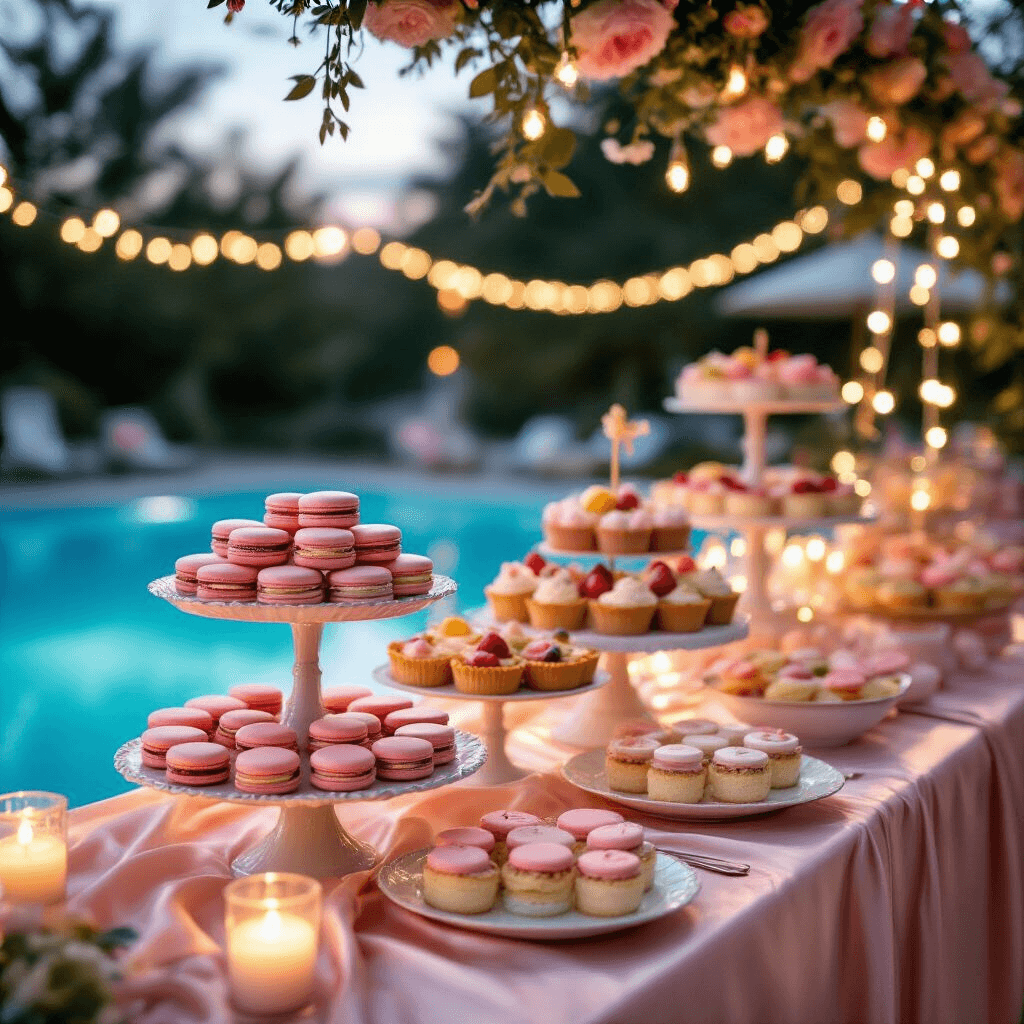 A beautifully arranged dessert cart featuring pastel macarons, fruit tarts, and chilled parfaits on vintage cake stands, draped in a blush tablecloth with fairy lights and floral garlands, against the shimmering backdrop of a twilight pool.