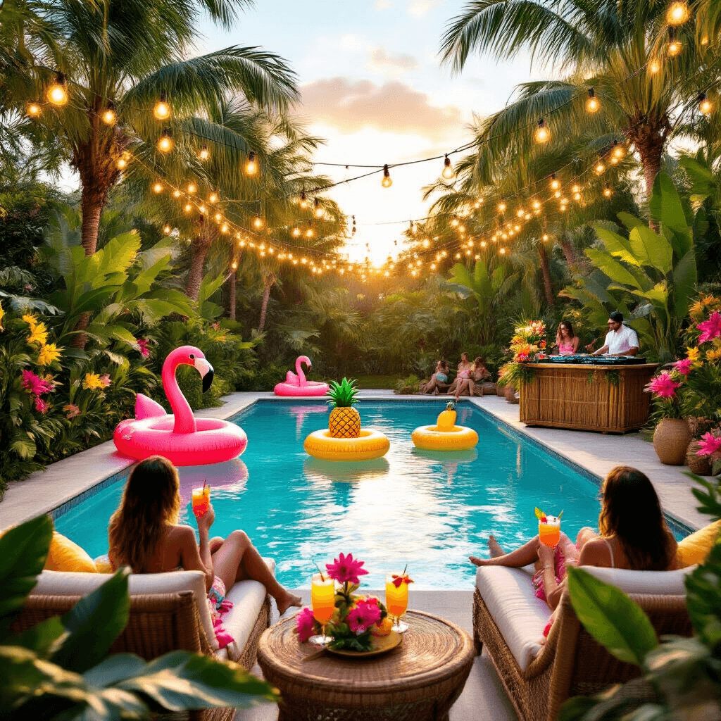 A vibrant tropical pool party at golden hour featuring a luxurious backyard pool surrounded by palm trees and exotic flowers, with inflatable flamingo and pineapple floats, fairy lights overhead, a tiki bar with colorful cocktails, and guests lounging in resort wear on rattan furniture.