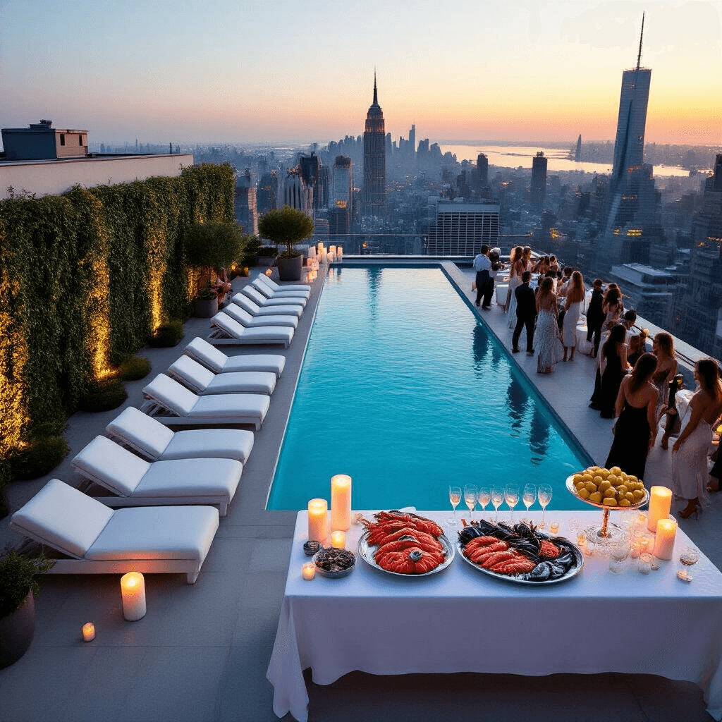 An elegant rooftop pool party at dusk, featuring a sleek infinity pool, minimalist white lounge chairs, and clusters of oversized candles. Guests in cocktail attire mingle near a seafood display and a champagne tower, with city skyline reflections in the water and soft jazz in the background.