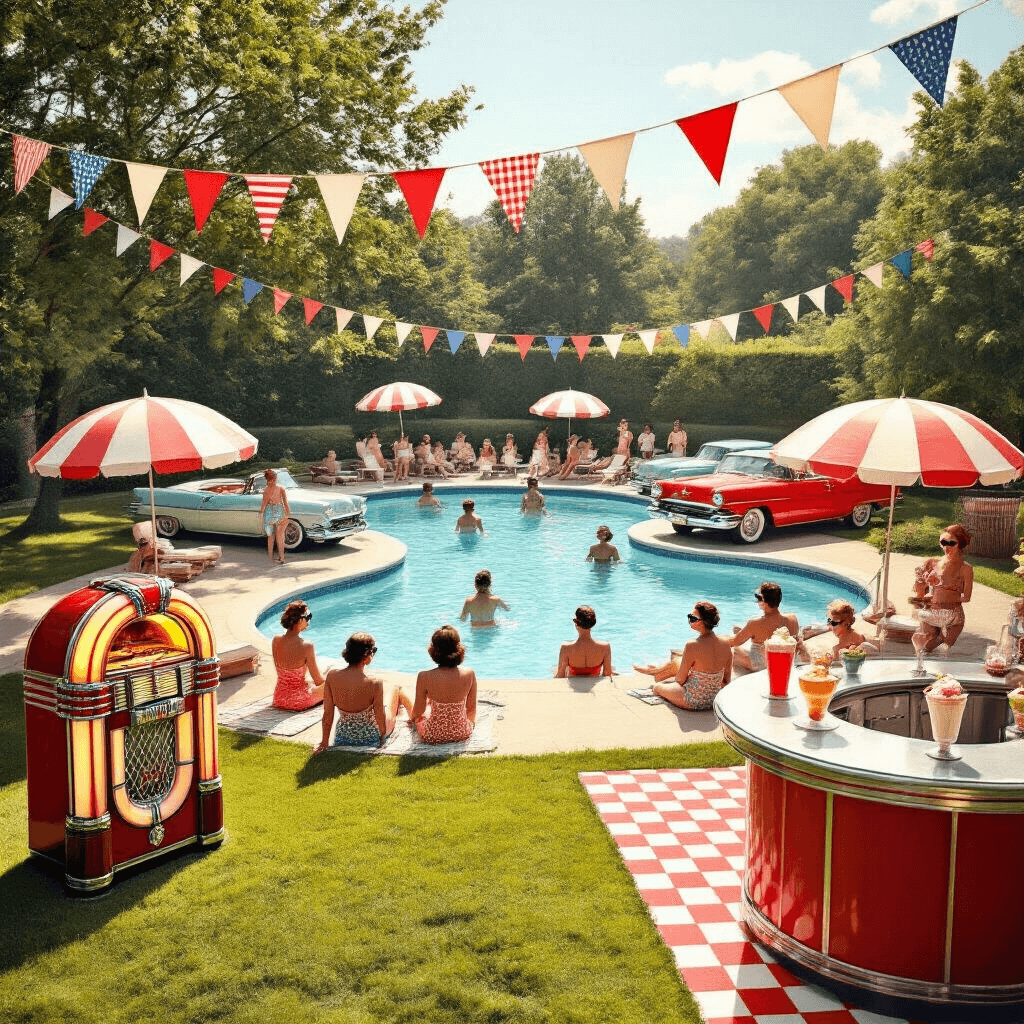 A nostalgic 1950s pool party scene featuring a kidney-shaped pool, vintage umbrellas, guests in high-waisted swimsuits, a jukebox, classic cars, and a soda fountain bar under red, white, and blue bunting.
