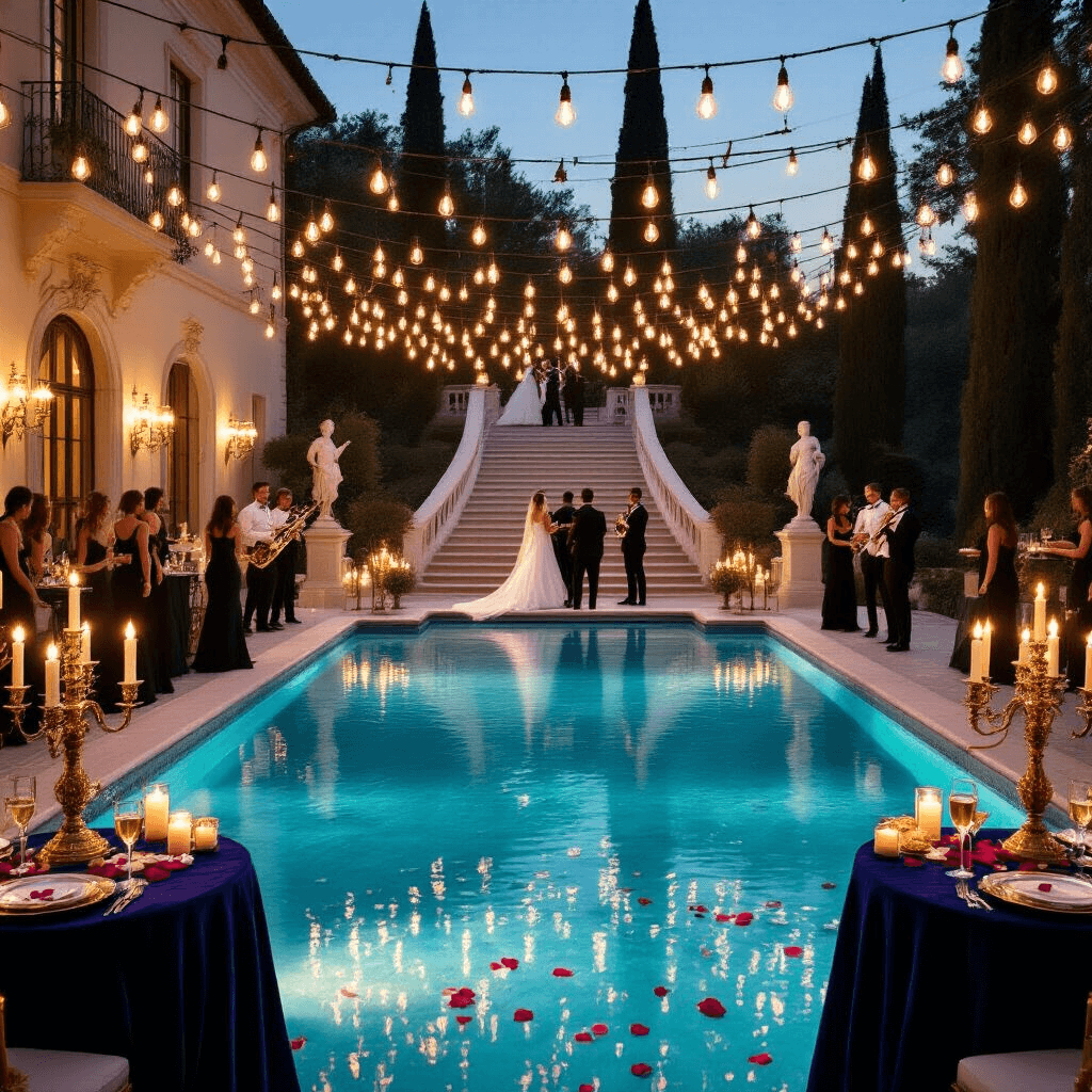 Luxurious evening gala at a Mediterranean villa with a grand staircase leading to an illuminated pool adorned with floating candles and rose petals, under a canopy of Edison bulbs. Elegant tables with gold mirrors and candelabras are set poolside, while a string quartet performs on a stage in the center. Guests in black-tie attire mingle amid classical statuary and cypress trees.