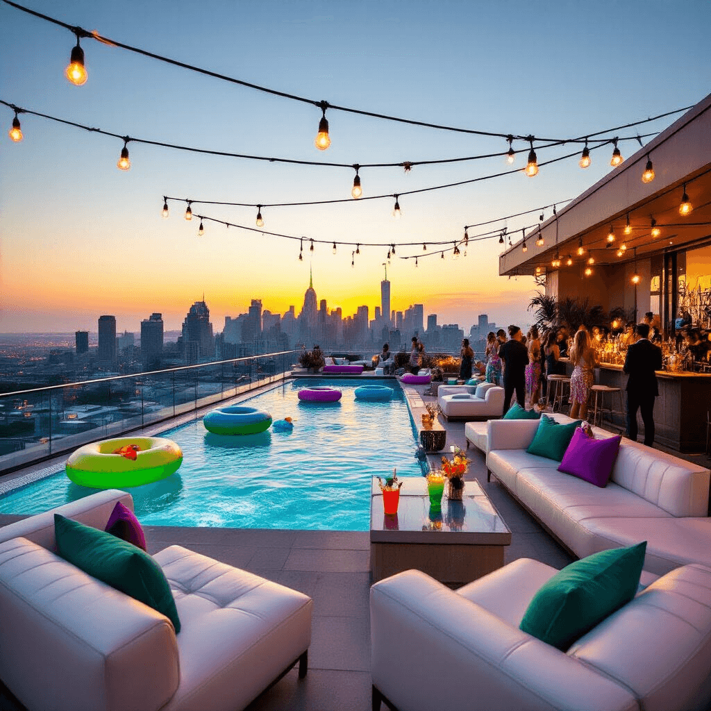 A luxurious rooftop terrace pool party during golden hour, featuring an infinity pool overlooking a city skyline, floating bar stations, tropical inflatables, white leather sofas with vibrant throw pillows, string lights overhead, guests enjoying colorful cocktails near a DJ booth, all in jewel tones of emerald green, sapphire blue, and amethyst purple.