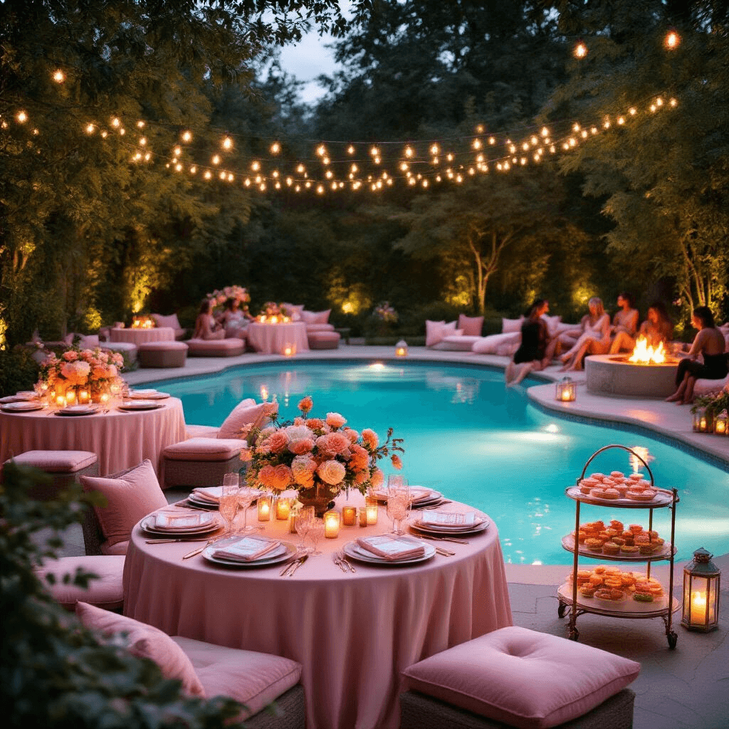 An intimate backyard pool setting at dusk, illuminated by soft fairy lights, featuring round tables with blush pink linens and floral centerpieces, a dessert cart with pastel treats, guests lounging on velvet cushions, and a fire pit surrounded by warm lantern light.