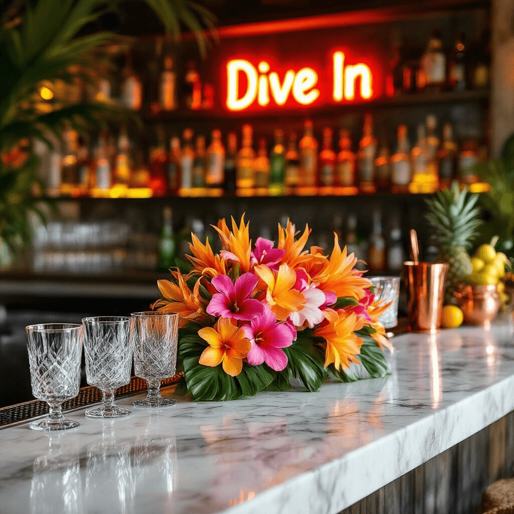 Close-up of a luxurious poolside bar featuring a polished marble top, vibrant tropical flower arrangement, sparkling crystal glassware, colorful bottles, a neon 'Dive In' sign, copper bar tools, and fresh fruit garnishes, all under warm, inviting lighting.