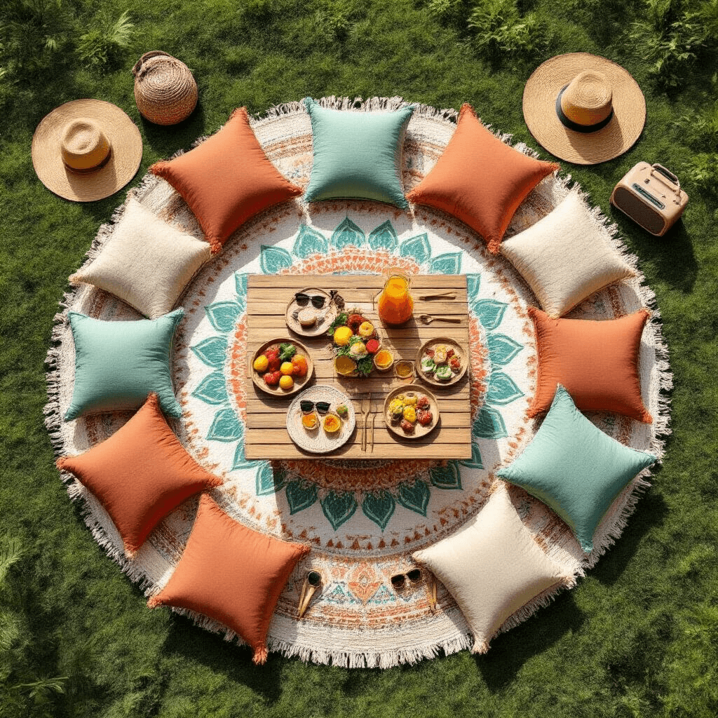 An overhead view of a poolside picnic with a mandala beach towel, surrounded by floor cushions in earthy colors, a low wooden table set with bamboo plates and gold cutlery, colorful tapas dishes, fresh fruits, and a pitcher of sangria, along with sunglasses, sun hats, and a portable speaker.