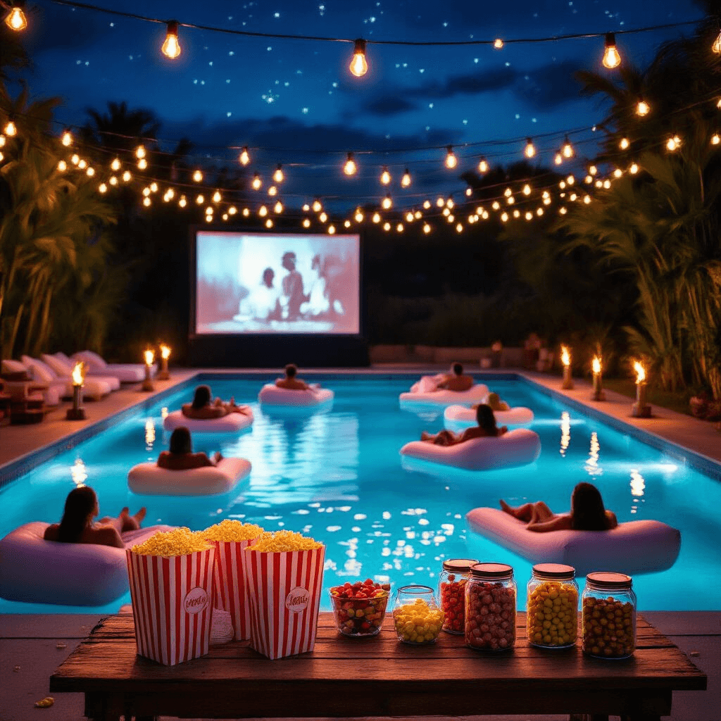 A nighttime pool setting featuring a floating cinema, with pastel-colored inflatable loungers occupied by guests, a large screen playing a classic film, tiki torches illuminating the pool's edge, a rustic wooden snack bar with popcorn and candy, and strings of Edison bulbs overhead creating a whimsical atmosphere.