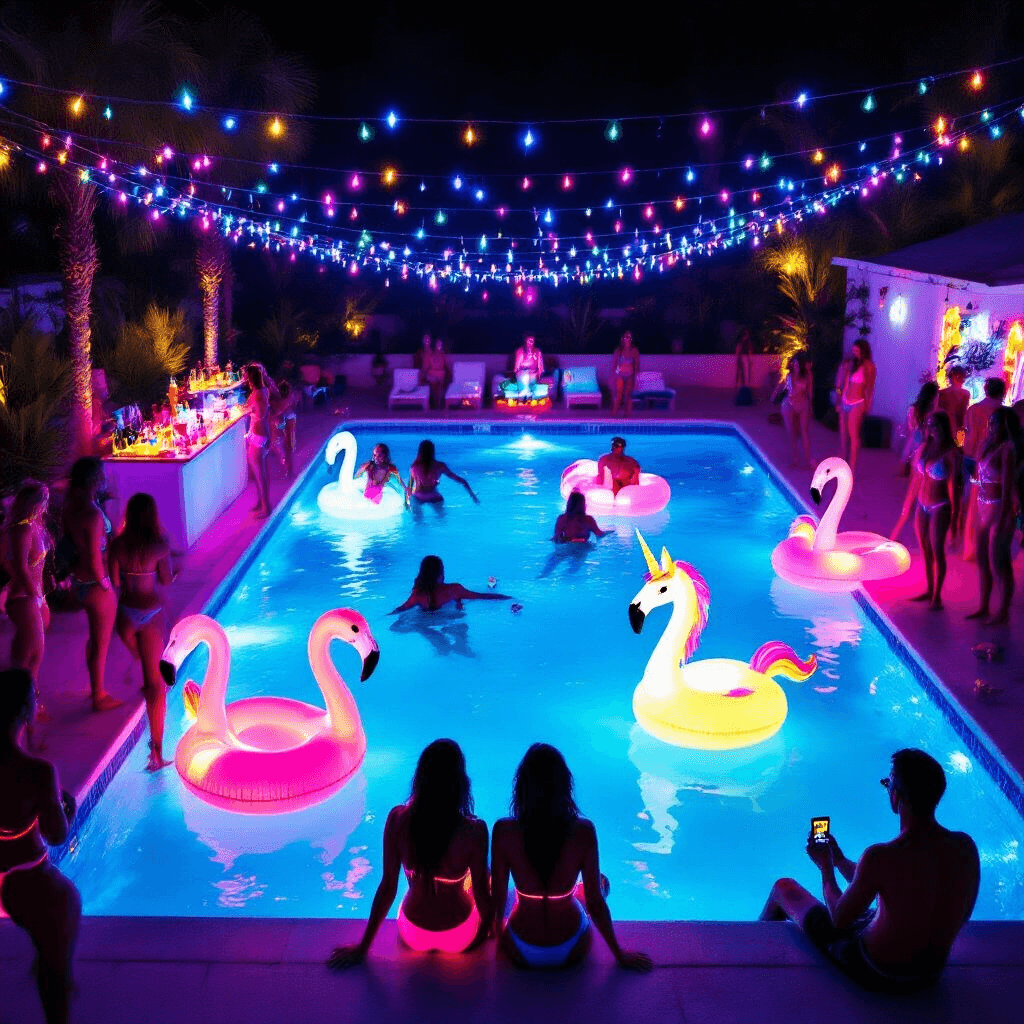 A vibrant nighttime pool party scene viewed from above, featuring illuminated blue water, partygoers in neon swimwear, glowing inflatable flamingos and unicorns, a neon drink station, a colorful DJ booth, and fairy lights overhead, with a group taking a selfie in a neon-framed photo booth.