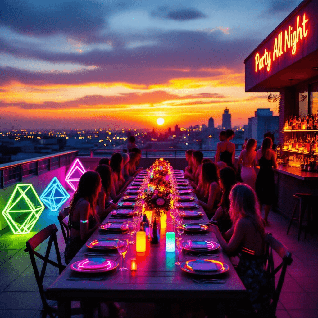 An intimate rooftop terrace at golden hour, transformed into a neon wonderland with a long dinner table adorned with electric colors and glowing centerpieces. Guests in glow-in-the-dark accessories socialize under blacklights, surrounded by illuminated geometric sculptures and a vibrant bar area. Neon signage reading 'Party All Night' and distant city lights create a magical atmosphere.
