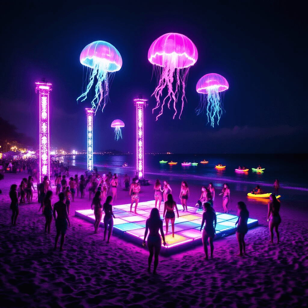 A vibrant beachfront neon rave party scene at night, featuring UV light towers, colorful dancing crowd on an illuminated floor, LED-lit inflatable jellyfish overhead, fire dancers with glowing poi, and glowing kayaks on the ocean. Neon body paint enhances the visuals under blacklights.