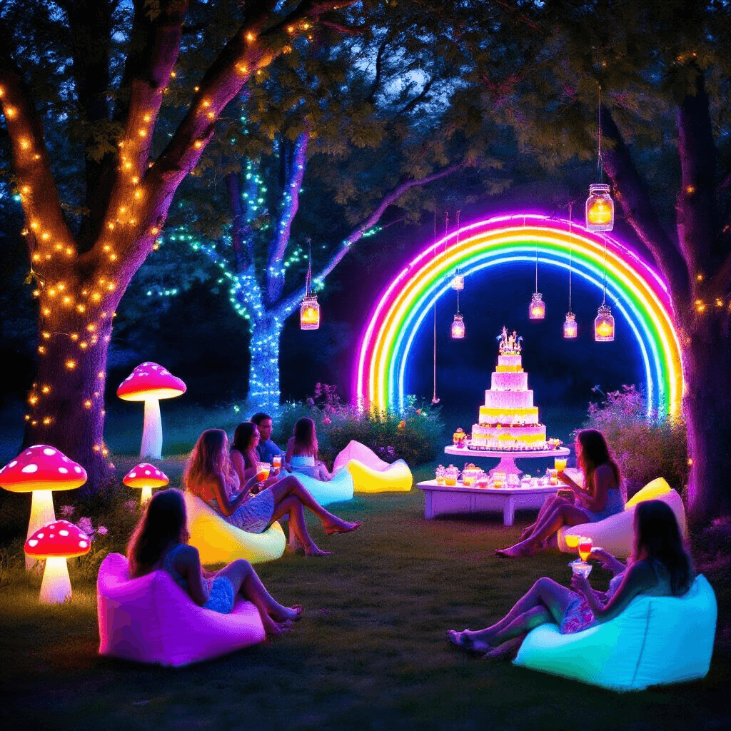 A whimsical backyard garden party at blue hour, featuring colorful LED-lit trees, illuminated toadstools and flowers, twinkling firefly lights in mason jars, a glowing dessert table with neon-frosted treats, guests on glow-in-the-dark seating, color-changing cocktails under UV light, and a giant neon rainbow arch surrounded by soft mist.