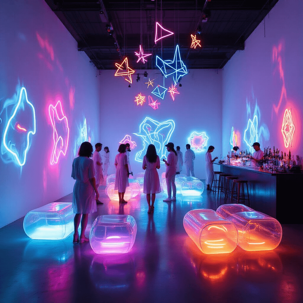 An avant-garde indoor neon art gallery party featuring guests in all-white attire moving through laser light curtains, with projected neon artworks on stark white walls, geometric neon sculptures casting colorful shadows, a central bar with mixologists crafting smoky cocktails, transparent inflatable furniture illuminated by LEDs, and a live artist bending glass tubes into glowing shapes, all under a ceiling adorned with hanging neon shapes.