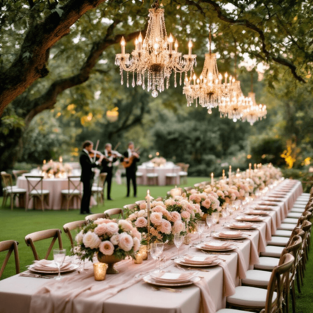 A golden hour celebration in a lush garden, featuring banquet tables with blush pink and cream linens, crystal chandeliers, floral centerpieces of garden roses and peonies, and guests mingling on the lawn, captured from an elevated angle.