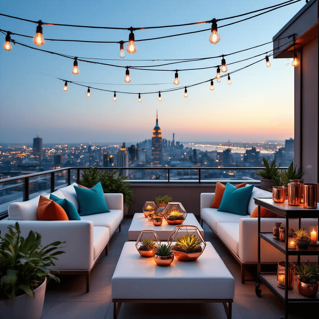 A cozy rooftop terrace at twilight, featuring modern white lounge furniture with teal and copper pillows, geometric terrariums with plants, a stylish bar cart with cocktails, and illuminated by crisscrossed Edison bulbs against a twinkling cityscape.