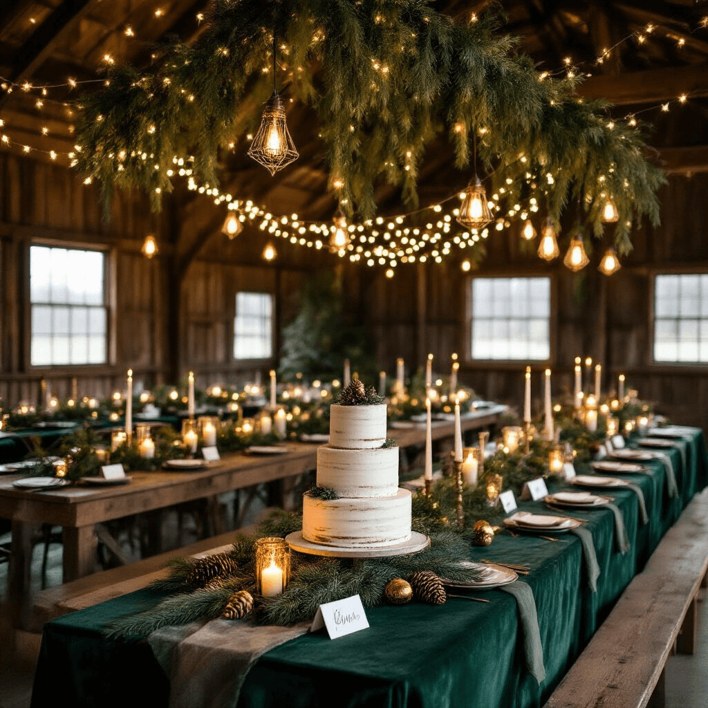 A picturesque winter celebration in a rustic barn, featuring long farmhouse tables draped in deep green velvet with woodland-inspired centerpieces of pine boughs and birch logs, illuminated by glowing lanterns and twinkling fairy lights overhead, creating a magical atmosphere; a dessert table displays a tiered naked cake surrounded by pine cone place card holders and gilded acorns.