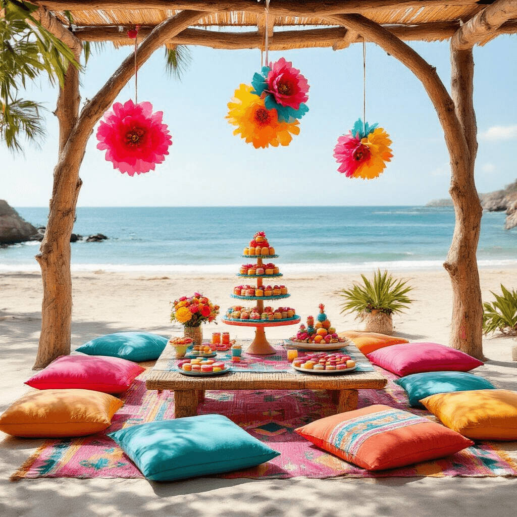 A vibrant beachfront birthday fiesta featuring low tables adorned with colorful Otomi textiles, plush floor cushions in coral, turquoise, and marigold, oversized paper flowers, and piñatas hanging from driftwood arches, with a dessert cart displaying a tower of colorful macarons and fruit tarts, all set against the soft tones of sand and sea from an elevated perspective.