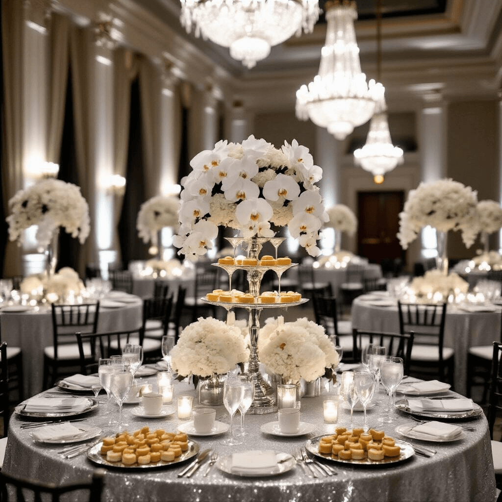 An elegant black-tie event in a grand ballroom featuring round tables with shimmering silver linens, tall crystal candelabras, and lush white orchid centerpieces, all under ornate chandeliers, with a champagne tower and mirrored trays of hors d'oeuvres, bathed in a soft glow.