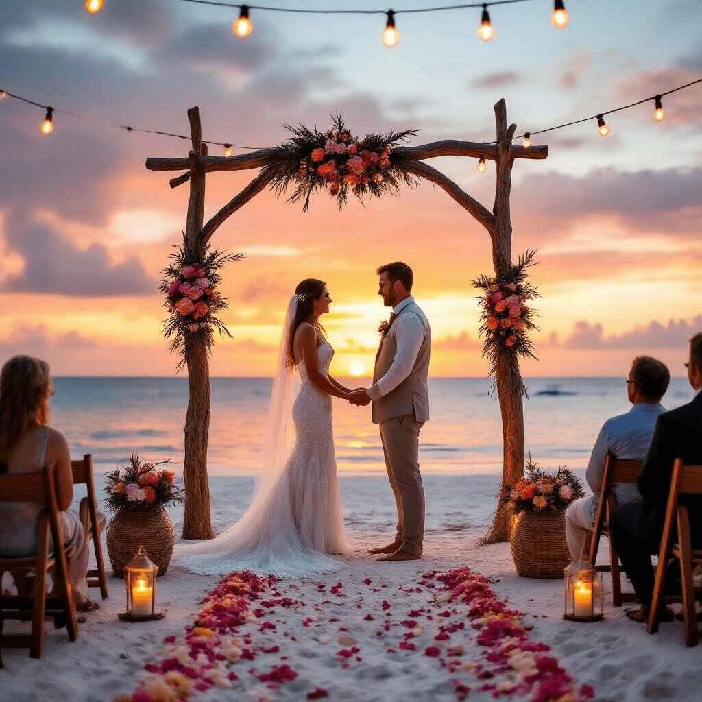 Anniversary Wishes for Your Husband: Heartfelt Messages to Celebrate Your Love A couple exchanges rings under a flower-adorned driftwood arch on a secluded tropical beach at sunset, surrounded by tiki torches and mismatched vintage chairs, with a vibrant sky and gentle waves in the background.