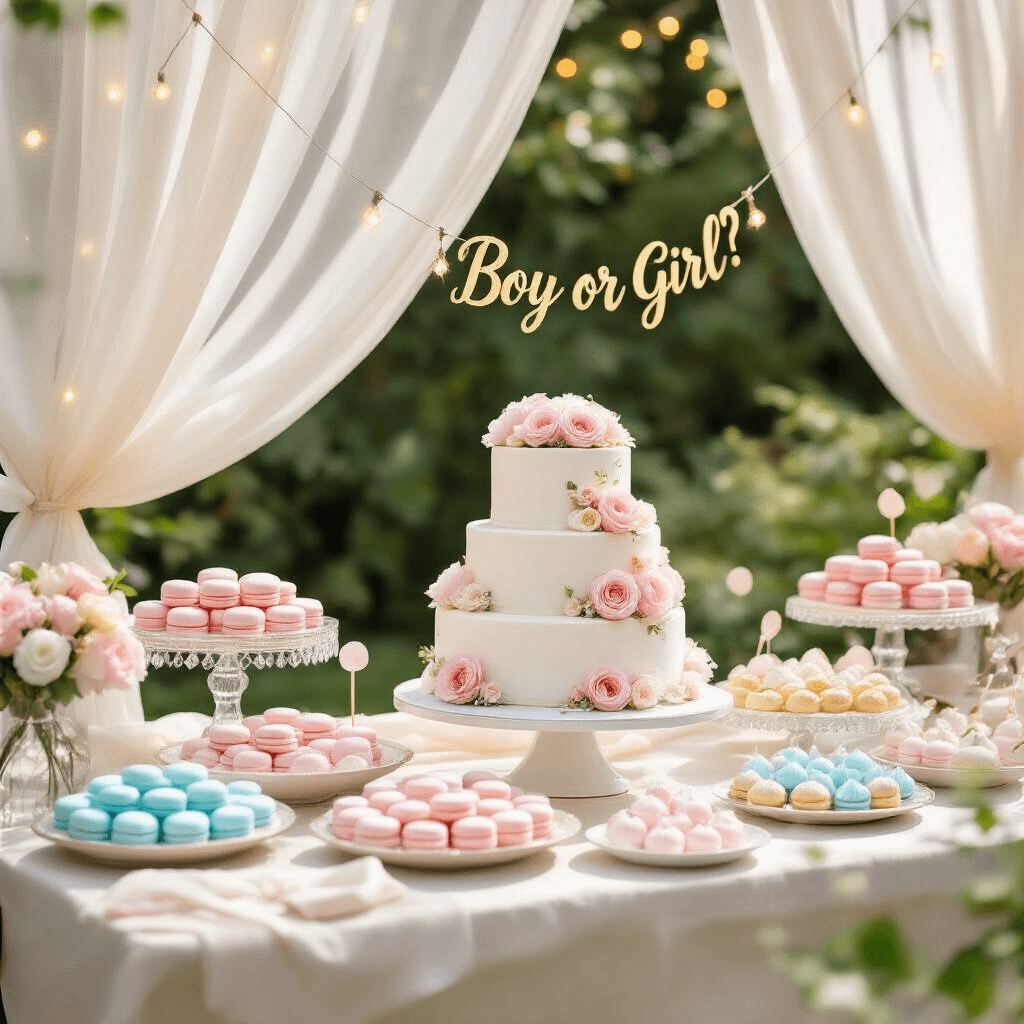 An elegant gender reveal dessert table featuring a three-tiered white cake with pastel sugar flowers, surrounded by blush pink macarons, powder blue cake pops, and gold-dusted strawberries, with sheer ivory drapes, fairy lights, and a 'Boy or Girl?' banner in gold calligraphy.