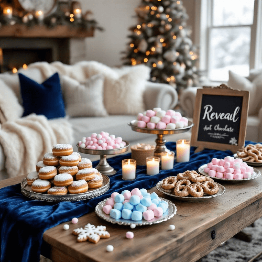 A cozy winter gender reveal gathering in a rustic living room featuring a wooden table with a navy velvet runner, vintage trays of powdered donuts, chocolate pretzels, and marshmallow pops in blue and pink. A hot chocolate station with pink and blue marshmallows serves as the centerpiece, surrounded by twinkling candles. The setting includes knit blankets and faux fur pillows, with a hand-lettered chalkboard sign and snowflake cookies enhancing the seasonal theme.