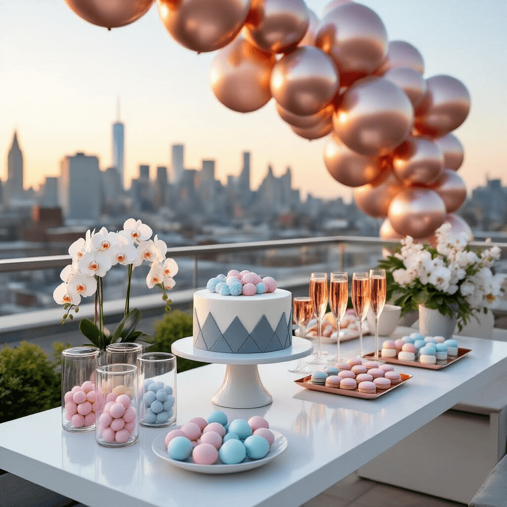 A chic, minimalist rooftop terrace gender reveal setup featuring a geometric grey cake with a hidden colored interior, surrounded by clear glass cylinders of cake pops and rock candy, metallic rose gold and silver balloons, low arrangements of white orchids and eucalyptus, and a stunning city skyline backdrop illuminated by golden hour light.