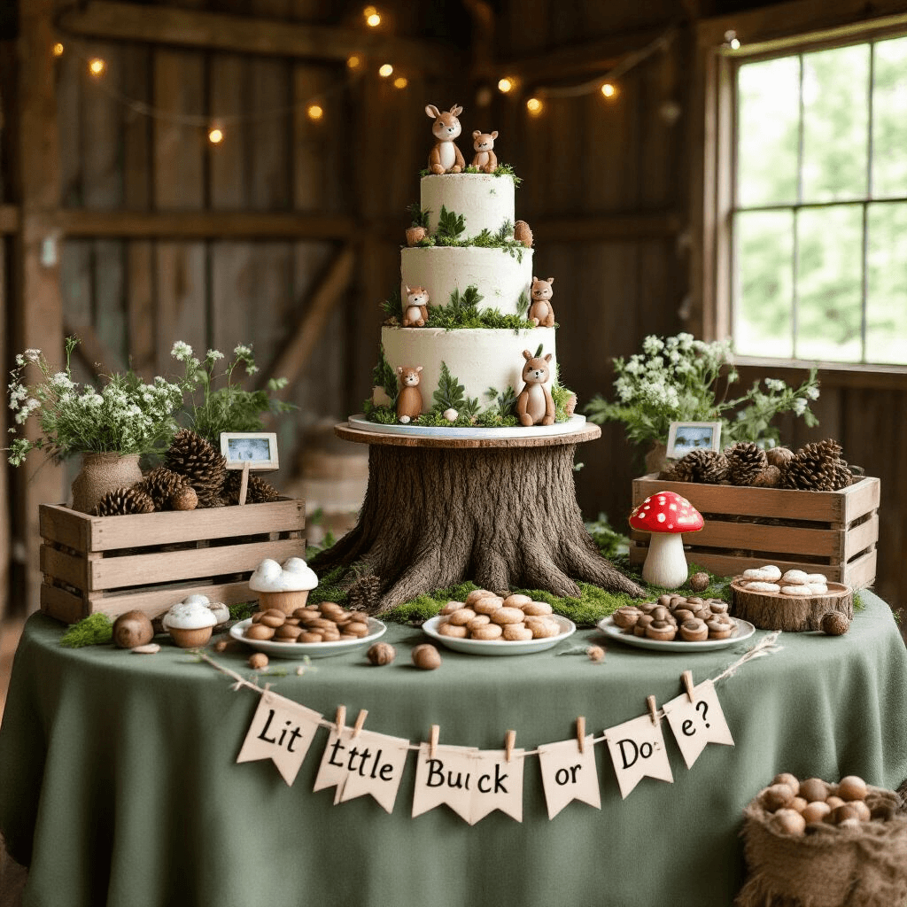 A whimsical woodland-themed gender reveal party inside a rustic barn, featuring a towering tree stump cake, toadstool cake pops, acorn-shaped cookies, and leaf-patterned chocolate bark on a moss green dessert table, surrounded by wooden crates filled with pine cones and wildflowers. A 'Little Buck or Doe?' banner hangs decoratively, and soft lighting mimics sunlight filtering through leaves, enhancing the rustic decor.