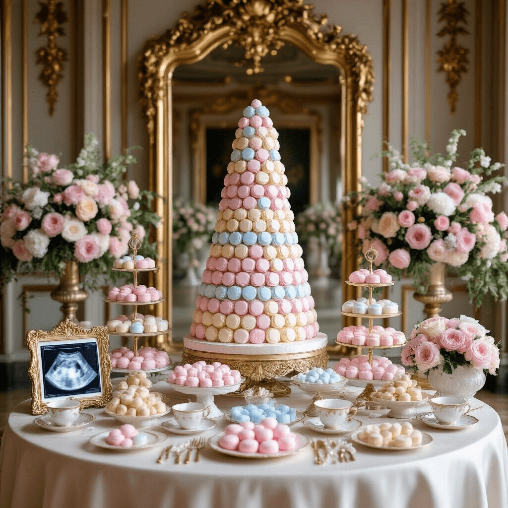 An opulent gender reveal in a grand ballroom features a gold-leafed mirror backdrop, a towering croquembouche, pastel macarons, and delicate teacups with meringue kisses. Lush floral arrangements and ultrasound photos in ornate frames surround the dessert display, while a string quartet plays softly beneath sparkling chandeliers.