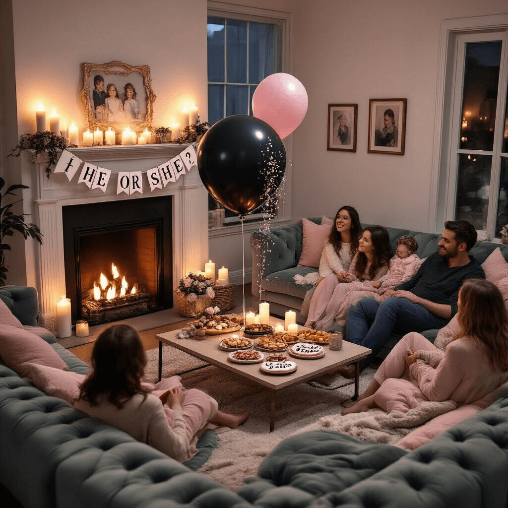 A cozy twilight living room gender reveal party featuring a warm candlelit atmosphere, decorated with blush and sage green accents. An overhead view of the coffee table showcasing a charcuterie spread and personalized 'Team Boy' and 'Team Girl' cookies, with a large black balloon poised to be popped, surrounded by guests lounging on plush velvet sofas.