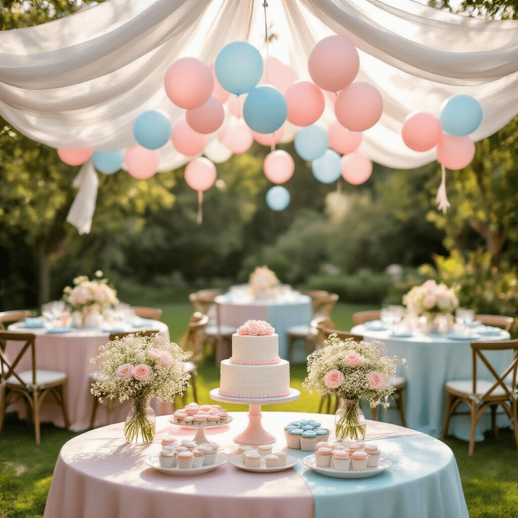 A sunlit garden party for a gender reveal, featuring round tables with blush pink and powder blue linens, floral centerpieces, a canopy of white fabric with pink and blue balloons, and a dessert table with a tiered cake and pastel-colored treats, all illuminated by soft golden hour light.