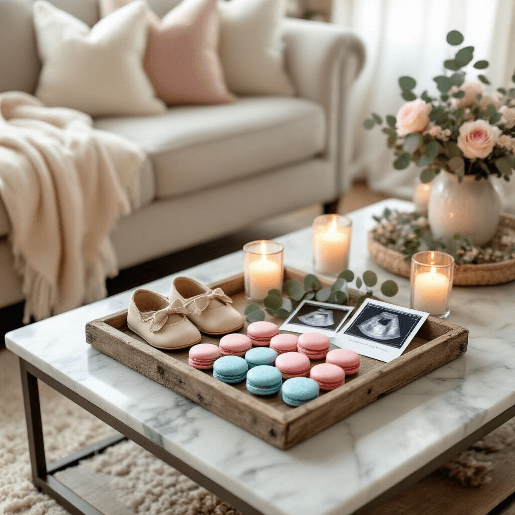Cozy living room coffee table decorated for a gender reveal, featuring vintage baby shoes, ultrasound photos, eucalyptus, pink and blue macarons, and warm candlelight, with soft pillows and sheer curtains.