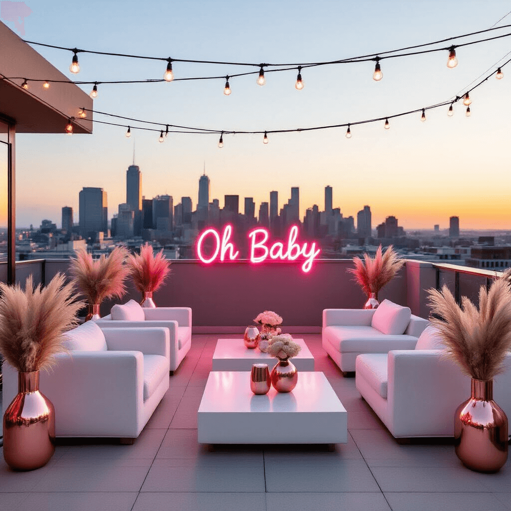 A chic rooftop terrace set for a modern gender reveal party, featuring white lounge furniture, geometric vases with pampas grass, metallic balloon sculptures, a glowing 'Oh Baby' neon sign, and a backdrop of the city skyline with string lights.