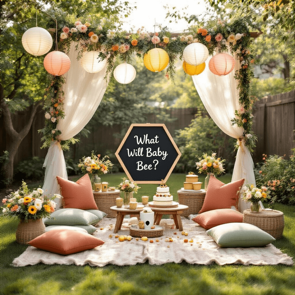 A whimsical backyard gender reveal setup featuring low picnic tables and plush cushions in sage green and terracotta, adorned with paper lanterns and floral garlands. The 'What Will Baby Bee?' theme includes honey pot favors, bee-striped straws, and a hexagon chalkboard for votes, with wildflowers in mason jars and a naked cake topped with fresh berries, all illuminated by morning light.