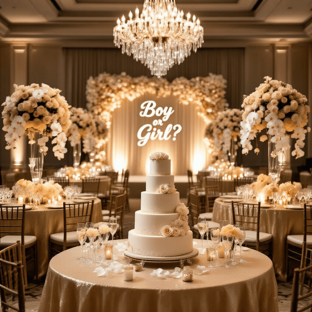 An elegant ballroom decorated for a gender reveal celebration, featuring long tables with gold linens and tall floral centerpieces, crystal chandeliers, a 'Boy or Girl?' backdrop of paper flowers, and a dessert station with champagne glasses and a multi-tiered cake.